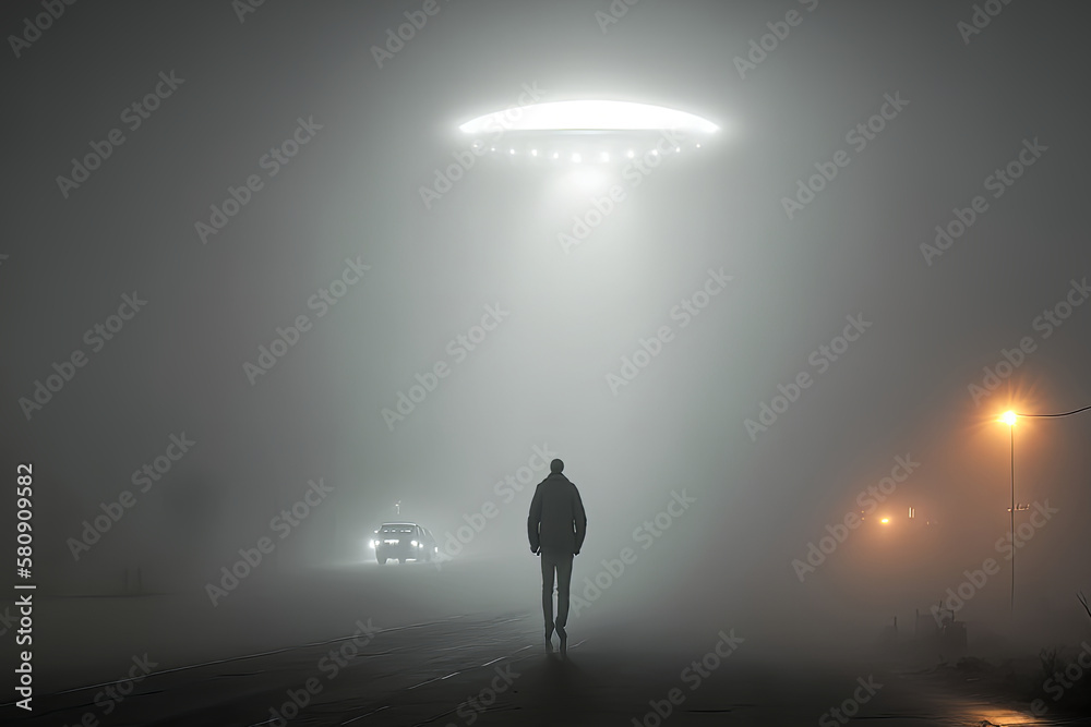 Out of this world! Lone man discovering a UFO in the midst of fog and illumination. Generative AI.