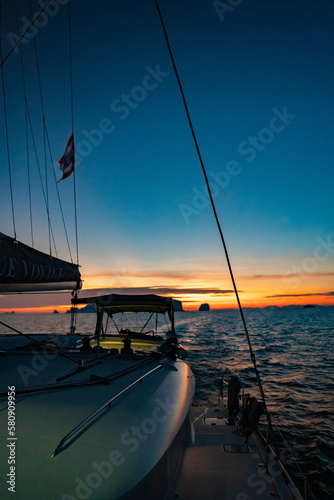 Sunset view from catamaran yacht in Krabi, Thailand