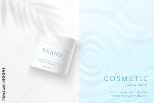 Cosmetics and skin care product ads template on blue water background with leaves shadow.