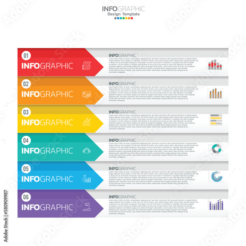 Infographic with 6 steps, options, parts, steps and processes.