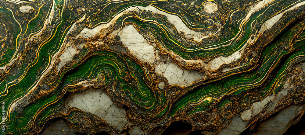 The texture of green marble with white and black inclusions and gold ...