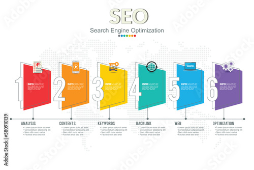 Infographic with 6 steps, options, parts, steps and processes.