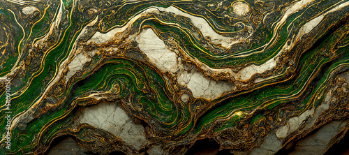 Panel kuchenny z motywem The texture of green marble with white and black inclusions and gold veins. Natural pattern. Abstract 3D illustration of marble surface for backgrounds,  wallpapers, photo wallpapers, murals, posters