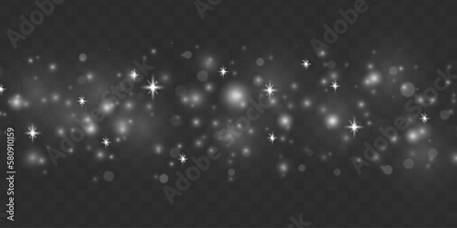 Blur white sparks and glitter special light effect. Fine, shiny bokeh dust particles fall off slightly. Defocused silver sparkle, stars and blurry spots. Magical flickering lights. Vector illustration