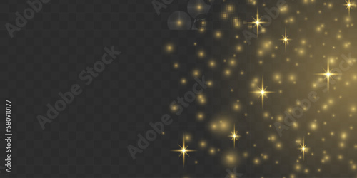 Blur yellow sparks and glitter special light effect. Fine, shiny bokeh dust particles fall off slightly. Defocused golden sparkle, stars and blurry spots. Magical gold flickering lights. Vector.