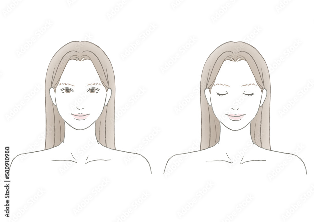 美しいロングヘアの女性 目を開く女性と目を閉じる女性のイラストセット 