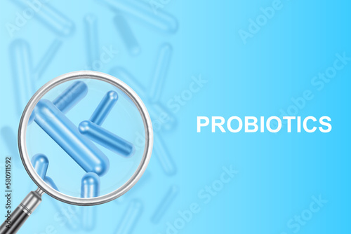 Probiotic background. Magnifying glass with probiotics on blue background. Human health background. EPS10 vector