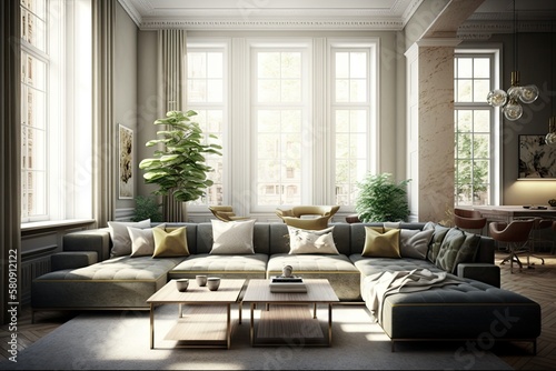 Elegant living room interior with sectional sofa. Generative AI