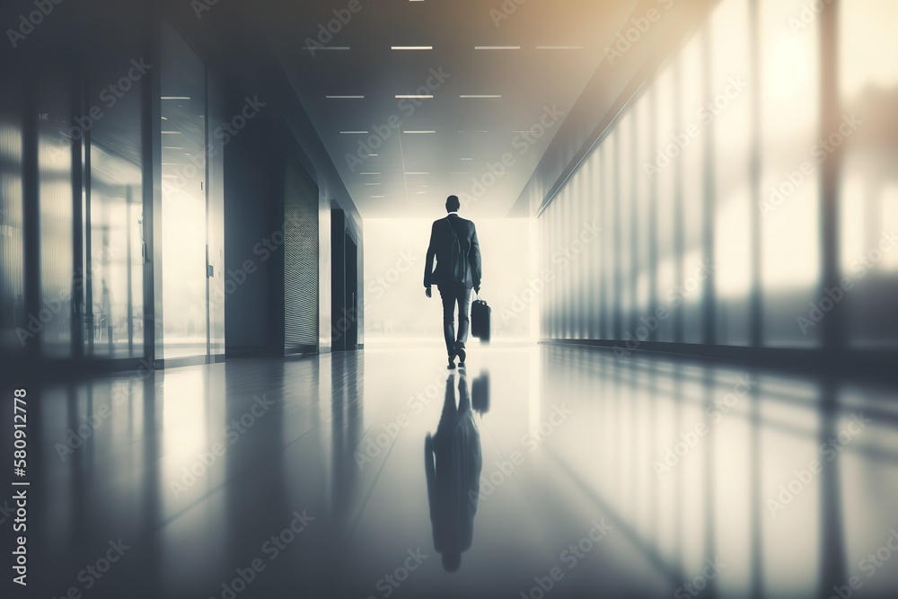 Blur background of businessman walking at corridor in convention hall, business office building hall way background.