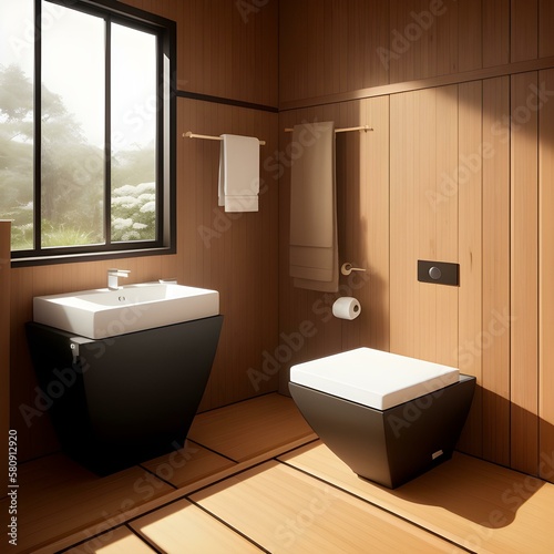 the concept of a modern toilet room  wood in design  Japanese style  fantasy  generated in AI