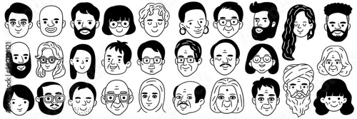 Big set of various people's faces in hand drawn sketch design, black and white ink style. Ethnicity, diverse, different races, multiracial, Asian, caucasian, african, indian, american, arabian. 