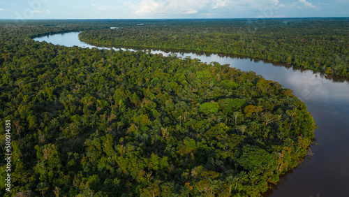 The Nanay River, one of the most important freshwater channels in the Peruvian jungle surrounded by green nature, and is part of the Allpahuayo Mishana Reserve
