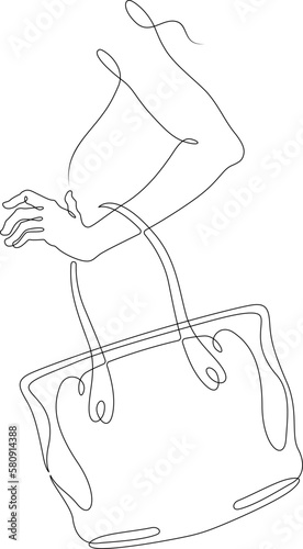 One continuous line.Ladies handbag. Woman's hand with a bag. Elegant designer handbag. Clutch bag. One continuous line drawn isolated, white background.