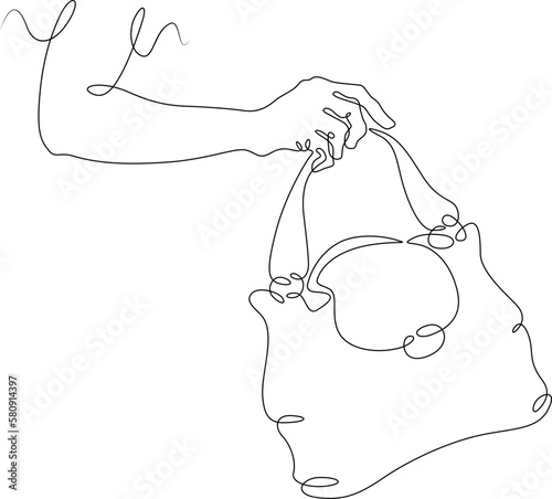 One continuous line.Ladies handbag. Woman's hand with a bag. Elegant designer handbag. Clutch bag. One continuous line drawn isolated, white background.