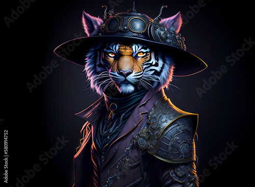 A colorful portrait of a steampunk tiger on black background. Generative AI