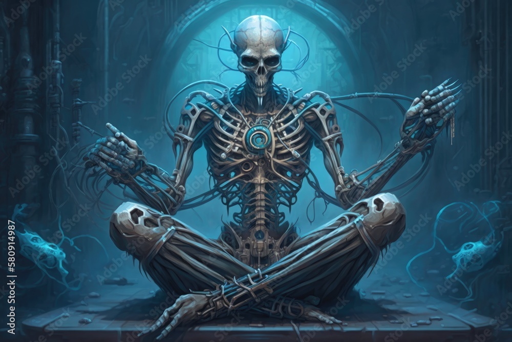 Science fiction illustration of a praying, meditating skeletal figure linked to complicated alien equipment. Generative AI