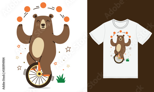 Cute circus bear illustration with tshirt design premium vector