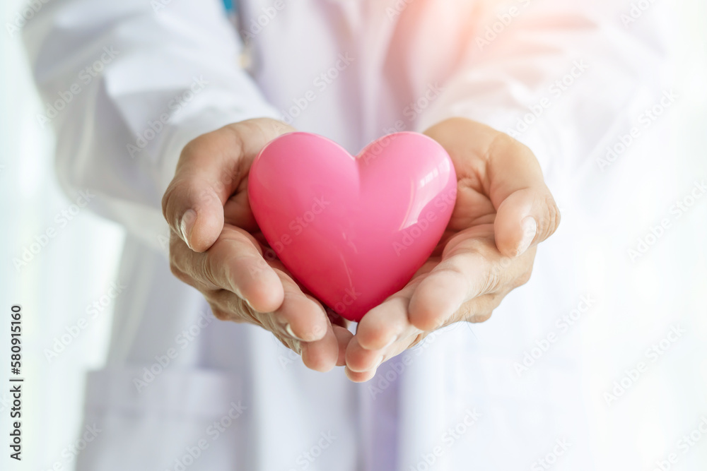 Doctor hold pink heart on hands in heart disease Haspital Concept and Free copy space