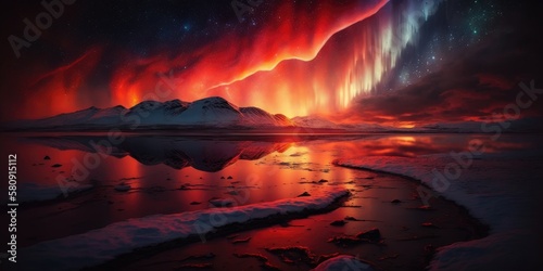 Aurora borealis in spectacular flame red colors high above winter tundra mountains landscape, northern polar lights night sky storm, bright vivid reflections, curtains and rays - generative AI