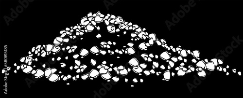 White silhouette of heap of soil or stones isolated on black background. Design element.