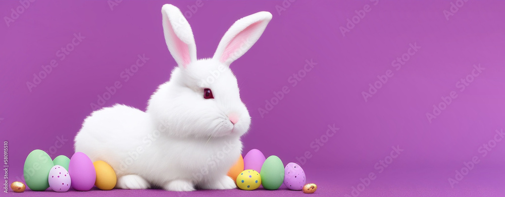 Obraz premium easter bunny with colorful easter eggs on purple background. Ai generated.