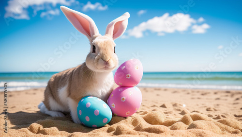 Colorful easter brown cute bunny with eggs on the beach, blue and pink decorated eggs. Ai generated.