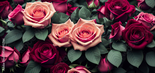 bouquet of roses  pink and red roses flower for background  wallpaper or banner. Ai generated.