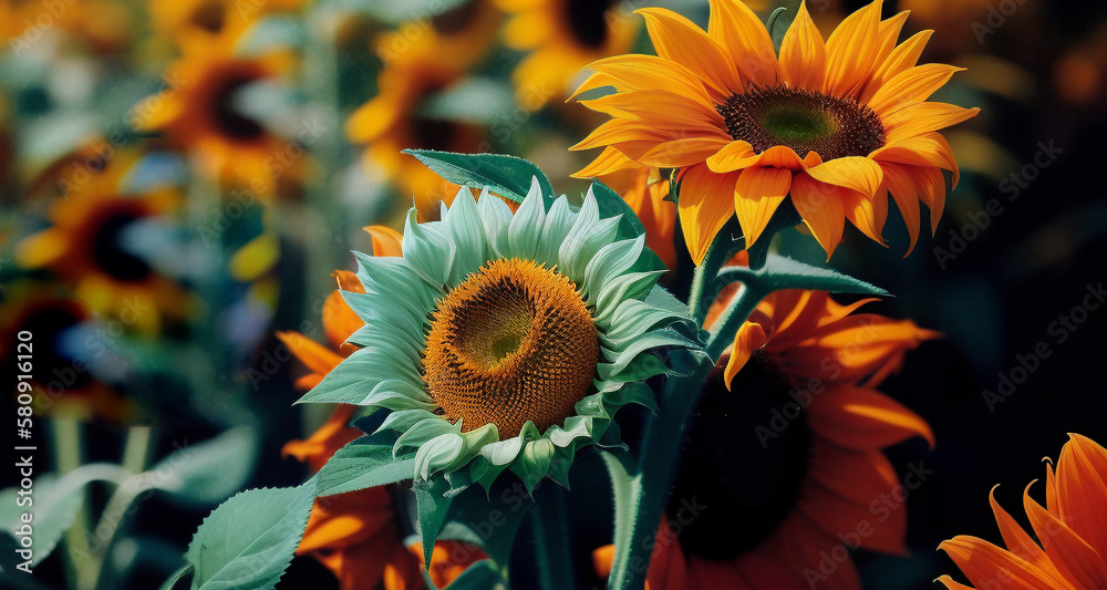 sunflowers in the field for card, background, backdrop, wallpaper or postcard. Ai generated. sunflowers in the field for card, background, backdrop, wallpaper or postcard. Ai generated.