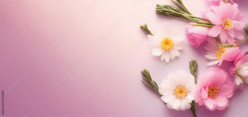 Pink and white flowers on pink pastel background for card, postcard, wallpaper, backgroun or backdrop. Ai generative.