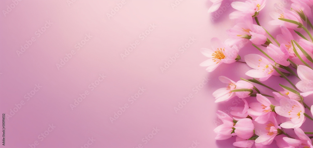 Pink flowers on pink pastel color background for banner, wallpaper, card, postcard for backdrop. Ai generated.