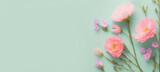 Pink flowers on green pastel background for wallpaper, backdrop and banner or background. Ai generated.