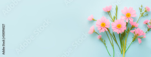 Bouquet of pink flowers on blue pastel background for card, wallpaper, backdrop, postcard. Ai generative.