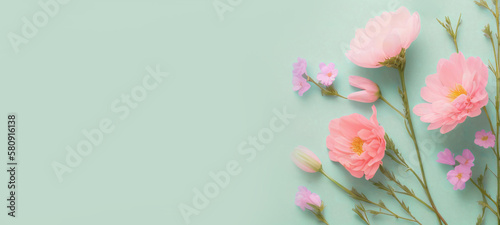 Pink flowers on green pastel background for wallpaper, backdrop and banner or background. Ai generated.