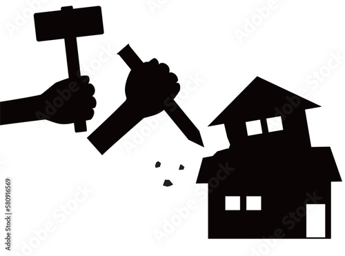 木造住宅の解体工事をしているアイコン。