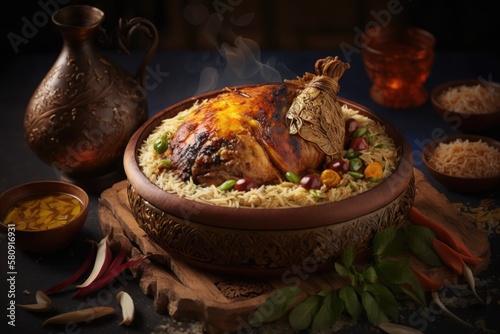 Yemeni style mandi kabsa. Rice and baked chicken in a festive meal. Generative AI photo