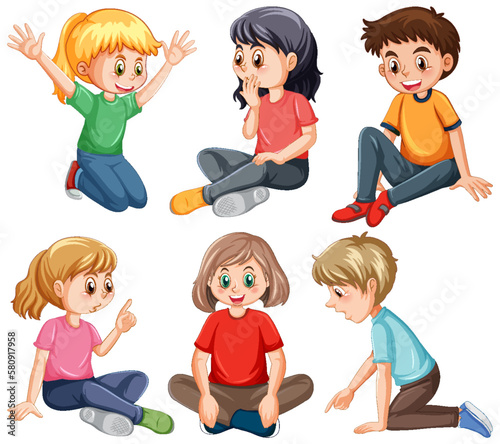 Set of kids sitting cartoon character