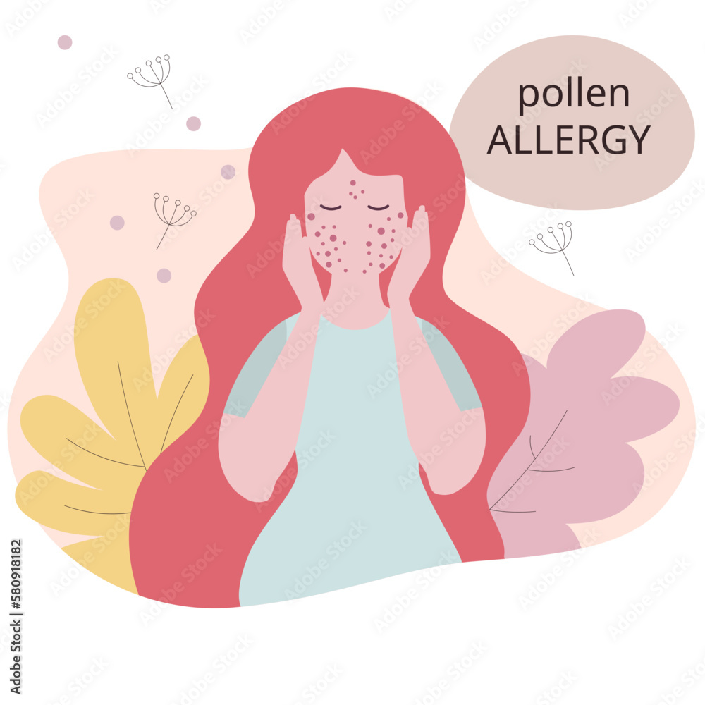 Obraz premium Seasonal allergy. Woman with red skin rash. Woman scratching skin on her face