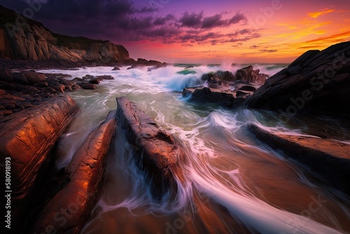 Whitewater seas wash around the rocks as the summertime sunrise skies in North Avoca, Central Coast, NSW, Australia, burst into color. Generative AI