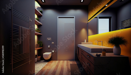 Modern domestic bathroom with wooden floor  generative AI