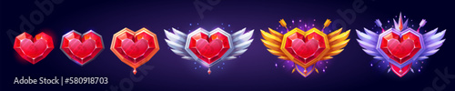 Heart gem rank medal game badge in gold, silver, bronze and platinum design with wings. Isolated achievement icon amulet or button asset set. Magic medieval jewelry trophy for user progress rating.