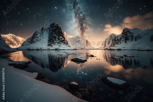 Luminous Milky Way over the sea and mountains covered in snow in Norway at night during the winter. Landscape with fjord, starry sky, and snow covered rocks. Islands of Lofoten. Space. lovely milky wa