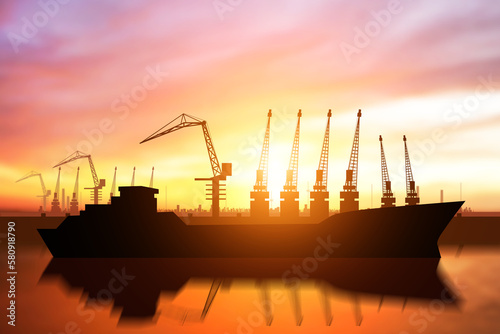 Silouette of seaport in sunset ,Logistic concept