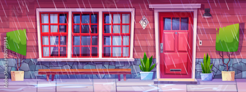House facade with porch, door, window and red wall in rainy weather. Residential building front with mat on doorstep, plants and wooden bench in rain, vector cartoon illustration