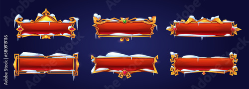 Cartoon set of red game buttons in golden frame covered with snow isolated on background. Vector illustration of rectangle gui design elements with precious metal ornament and gemstone decoration