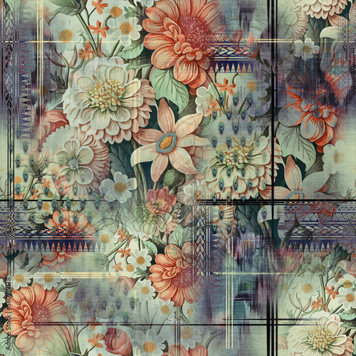 art vintage monochrome and graphic floral seamless pattern with beautiful different style flowers on background. Double Exposure effect for fabric and paper print © shawez