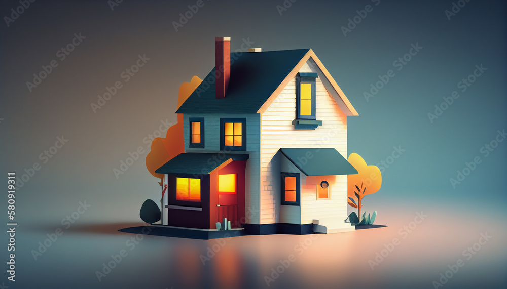 cute house front facade with lights ,generative AI cute house front facade with lights ,generative AI