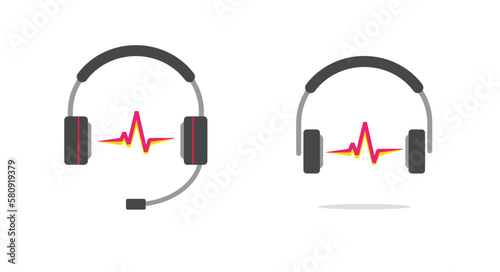 Music sound logo for radio dj icon vector, headset headphone with microphone listen audio talk wave, podcast or help support hotline service flat logotype graphic image clipart
