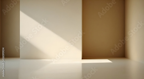 Empty beige display floor  light from window  plain background wall for copy space  mockup  display