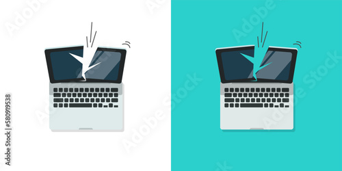 Broken laptop screen crack icon vector, computer display damage break, smashed crashed pc flat cartoon graphic design illustration isolated image clipart
