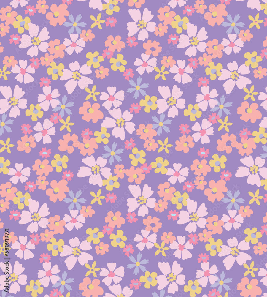 Vintage floral background. Floral pattern with small pastel color flowers on a terracotta background. Seamless pattern for design and fashion prints. Ditsy style. Stock illustration.